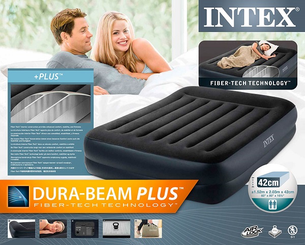 INTEX Saltea gonflabilă “Velur Pillow” 152x203x42 cm cu tetieră și pompă încorporată 220V